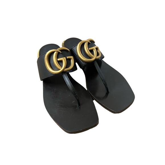 Gucci Black Leather Thong Sandals with Gold Double G - Picture 2 of 8